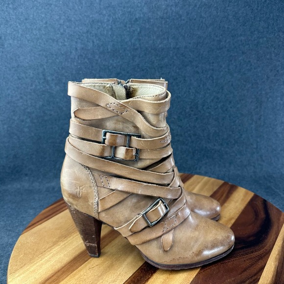 Frye Shoes - Frye Mikaela Strappy Tan Leather Strap Buckle Ankle Boots Womens 8.5 3475541-GRY